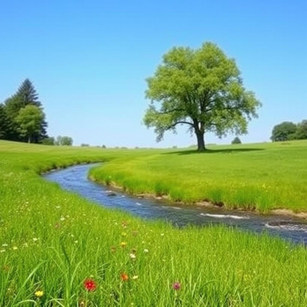 A serene landscape featuring a clear blue sky, a gently flowing river, and lush green meadows