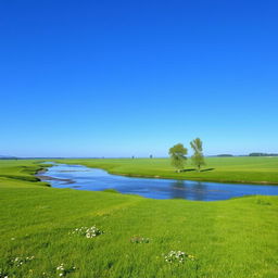 A serene landscape featuring a clear blue sky, a gently flowing river, and lush green meadows