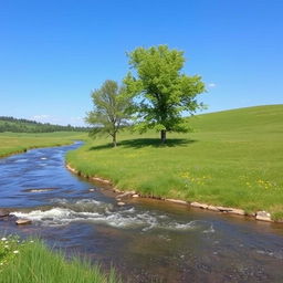 A serene landscape featuring a clear blue sky, a gently flowing river, and lush green meadows