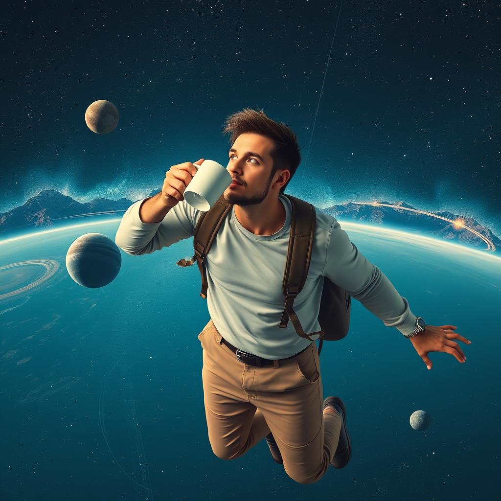 A man floating in space, wearing a casual outfit, and drinking coffee from a mug