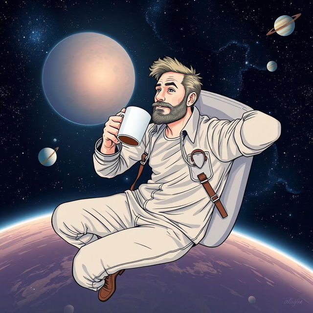 A man floating in space, wearing a casual outfit, and drinking coffee from a mug