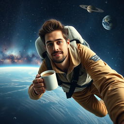 A man floating in space, wearing a casual outfit, and drinking coffee from a mug