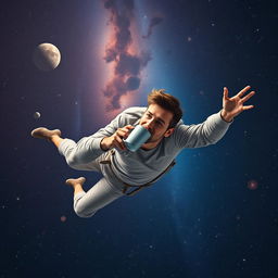 A man floating in space, wearing a casual outfit, and drinking coffee from a mug