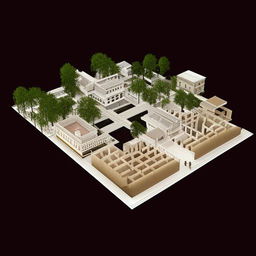 A 3D composition of a mixed colonial and modern habitat plan with interpenetration of forms and subtraction. Emphasize how the structures interact and blend, while showcasing areas where elements have been subtracted for effect.