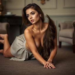 A brunette woman on all fours in an elegant and tasteful pose