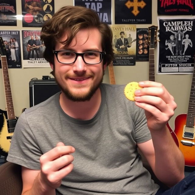 Andrew Horowitz from the band Tally Hall eating a cheese cracker