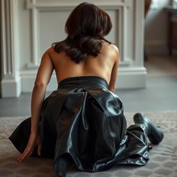 A brunette woman on all fours wearing a black leather skirt, with her back turned