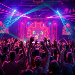 A vibrant and energetic crowd at an electronic music festival, with people raising their hands and dancing