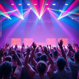 A vibrant and energetic crowd at an electronic music festival, with people raising their hands and dancing