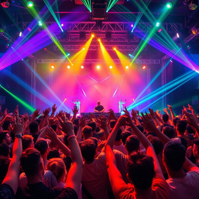 A vibrant and energetic crowd at an electronic music festival, with people raising their hands and dancing