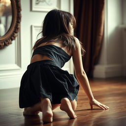 A brunette woman on all fours wearing a black schoolgirl skirt, with her back turned