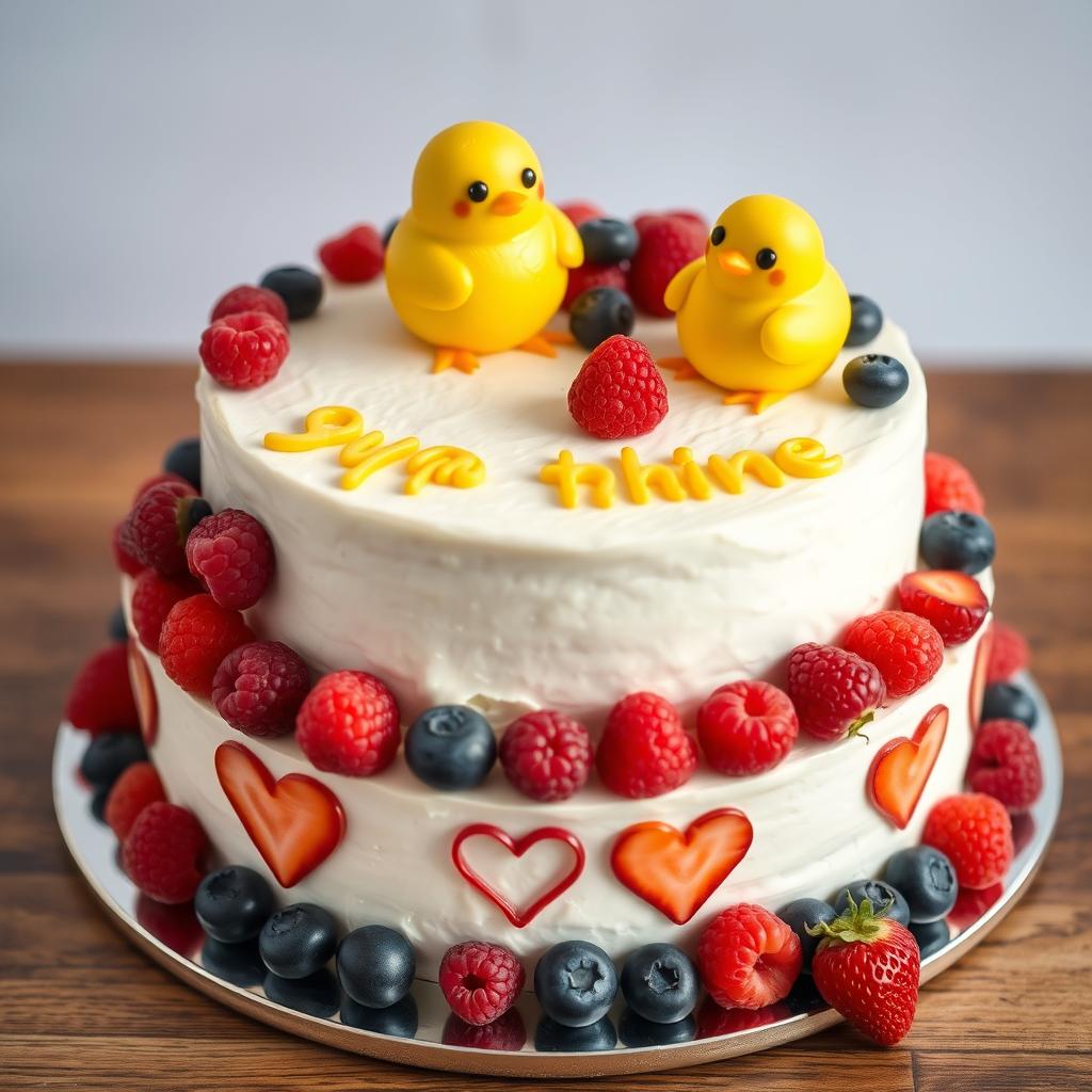 A two-floor vegan white cheesecake with two little yellow mastic chickens on top, hugging and smiling