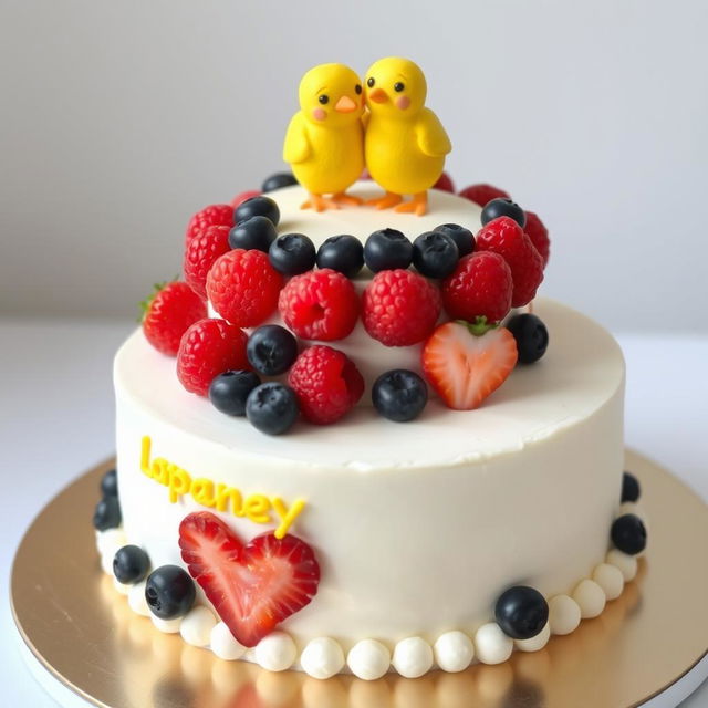 A two-floor vegan white cheesecake with two little yellow mastic chickens on top, hugging and smiling