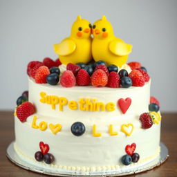 A two-floor vegan white cheesecake with two little yellow mastic chickens on top, hugging and smiling