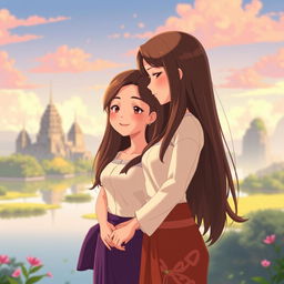 Animated scene of two Thai women in love, one with long brown hair and the other with light brown long hair