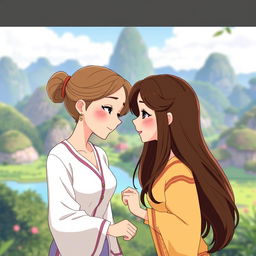 Animated scene of two Thai women in love, one with long brown hair and the other with light brown long hair