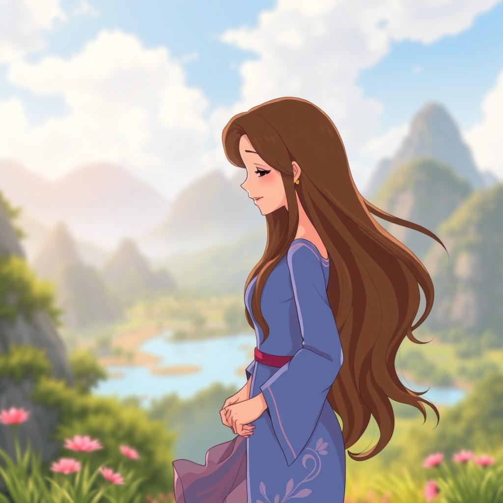 Animated scene of two Thai women in love, one with long brown hair and the other with light brown long hair