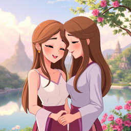 Animated scene of two Thai women in love, one with long brown hair and the other with light brown long hair