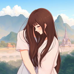 An anime-style illustration of two Thai women in love, both with long brown hair