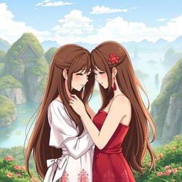 An anime-style illustration of two Thai women in love, both with long brown hair