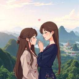 An anime-style illustration of two Thai women in love, both with long brown hair