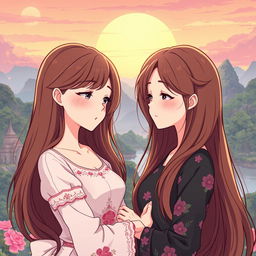 An anime-style illustration of two Thai women in love, both with long brown hair