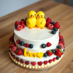 A two-floor vegan white cheesecake with two little yellow, very cute mastic chickens on top, smiling with smiles shaped like the letter 'c'