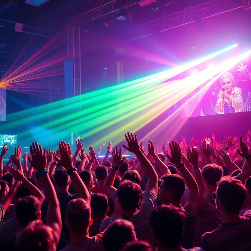 A vibrant and energetic crowd at an electronic music festival, with people raising their hands and dancing