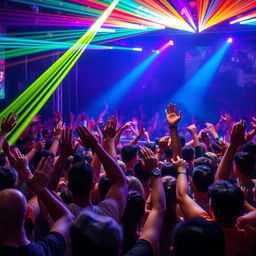 A vibrant and energetic crowd at an electronic music festival, with people raising their hands and dancing