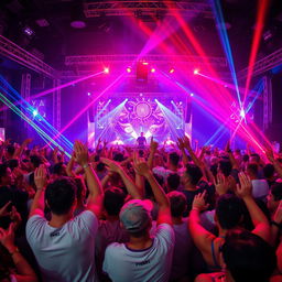 A vibrant and energetic crowd at an electronic music festival, with people raising their hands and dancing