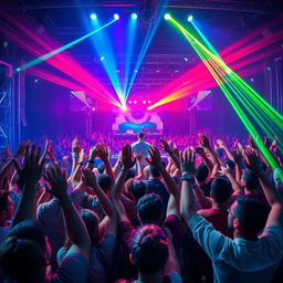 A vibrant and energetic crowd at an electronic music festival, with people raising their hands and dancing