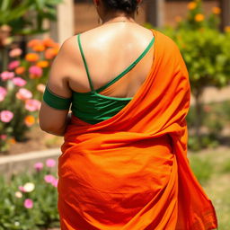 A plump woman with fair skin, dressed in an orange saree and a green blouse, captured in a photo from the back