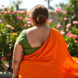 A plump woman with fair skin, dressed in an orange saree and a green blouse, captured in a photo from the back