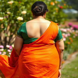 A plump woman with fair skin, dressed in an orange saree and a green blouse, captured in a photo from the back