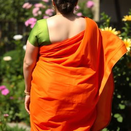 A plump woman with fair skin, dressed in an orange saree and a green blouse, captured in a photo from the back