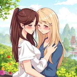 An anime-style illustration of two Thai women in love