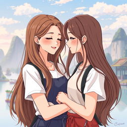 An anime-style illustration of two Thai women in love