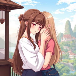 An anime-style illustration of two Thai women in love