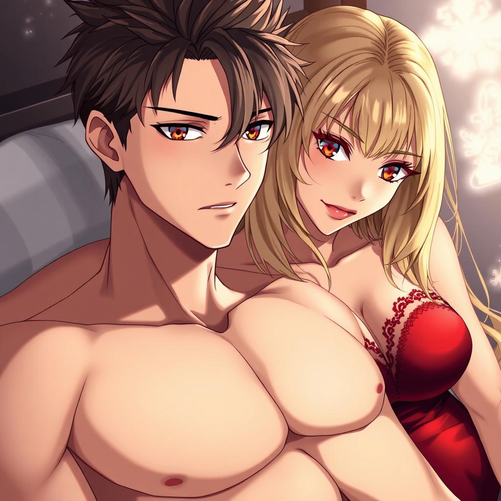 A handsome anime man with a beautiful blonde-haired woman, both in a bedroom setting