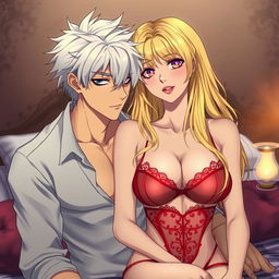 A handsome anime man with a beautiful blonde-haired woman, both in a bedroom setting