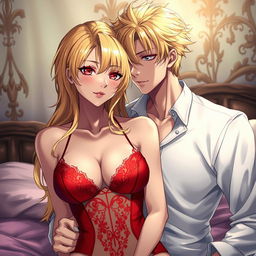 A handsome anime man with a beautiful blonde-haired woman, both in a bedroom setting