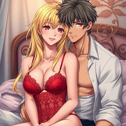 A handsome anime man with a beautiful blonde-haired woman, both in a bedroom setting