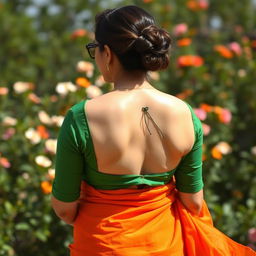 A busty woman with fair skin, dressed in an orange saree and a green blouse, captured in a photo from the back