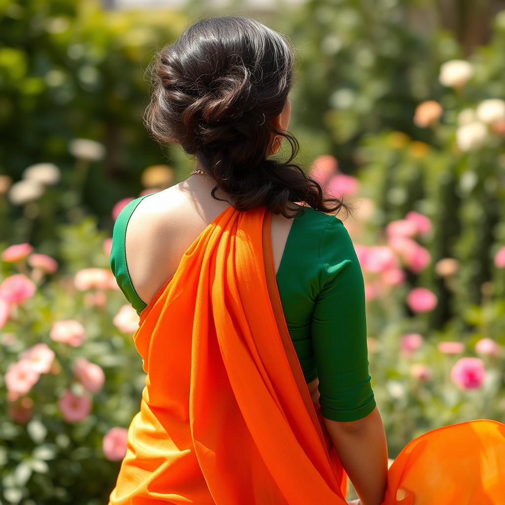 A busty woman with fair skin, dressed in an orange saree and a green blouse, captured in a photo from the back