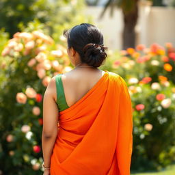 A busty woman with fair skin, dressed in an orange saree and a green blouse, captured in a photo from the back