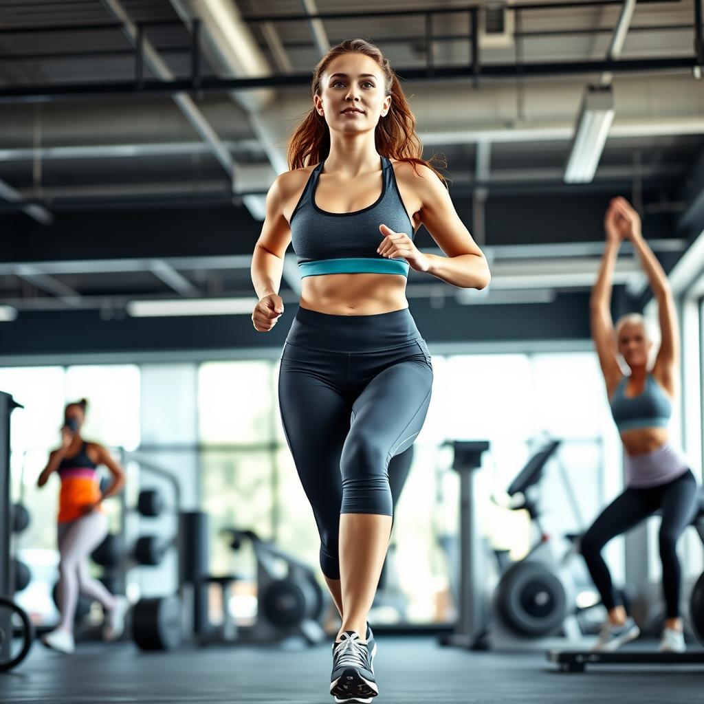 A young woman engaging in fitness activities, such as running, lifting weights, and doing yoga