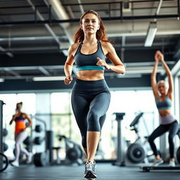 A young woman engaging in fitness activities, such as running, lifting weights, and doing yoga