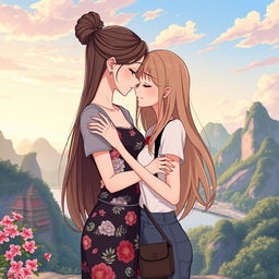 An anime-style illustration of two Thai women in love