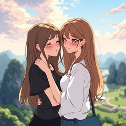 An anime-style illustration of two Thai women in love