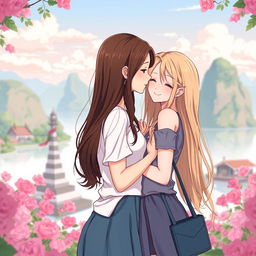 An anime-style illustration of two Thai women in love